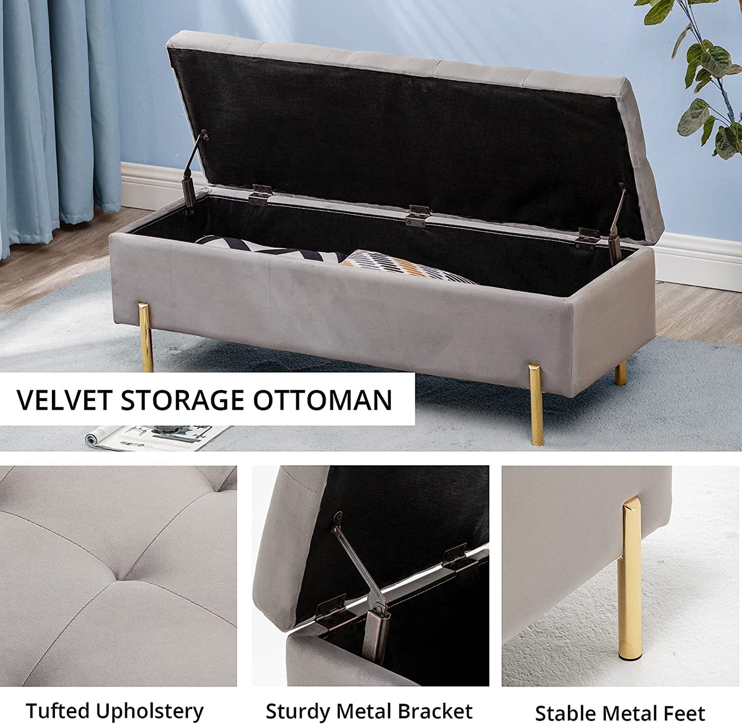 Andeworld Ottoman with Storage Bench, Modern Velvet Upholstered Rectangular Tufted Footstool Bench, Large Storage Bench for Bedroom,Living Room,Entryway