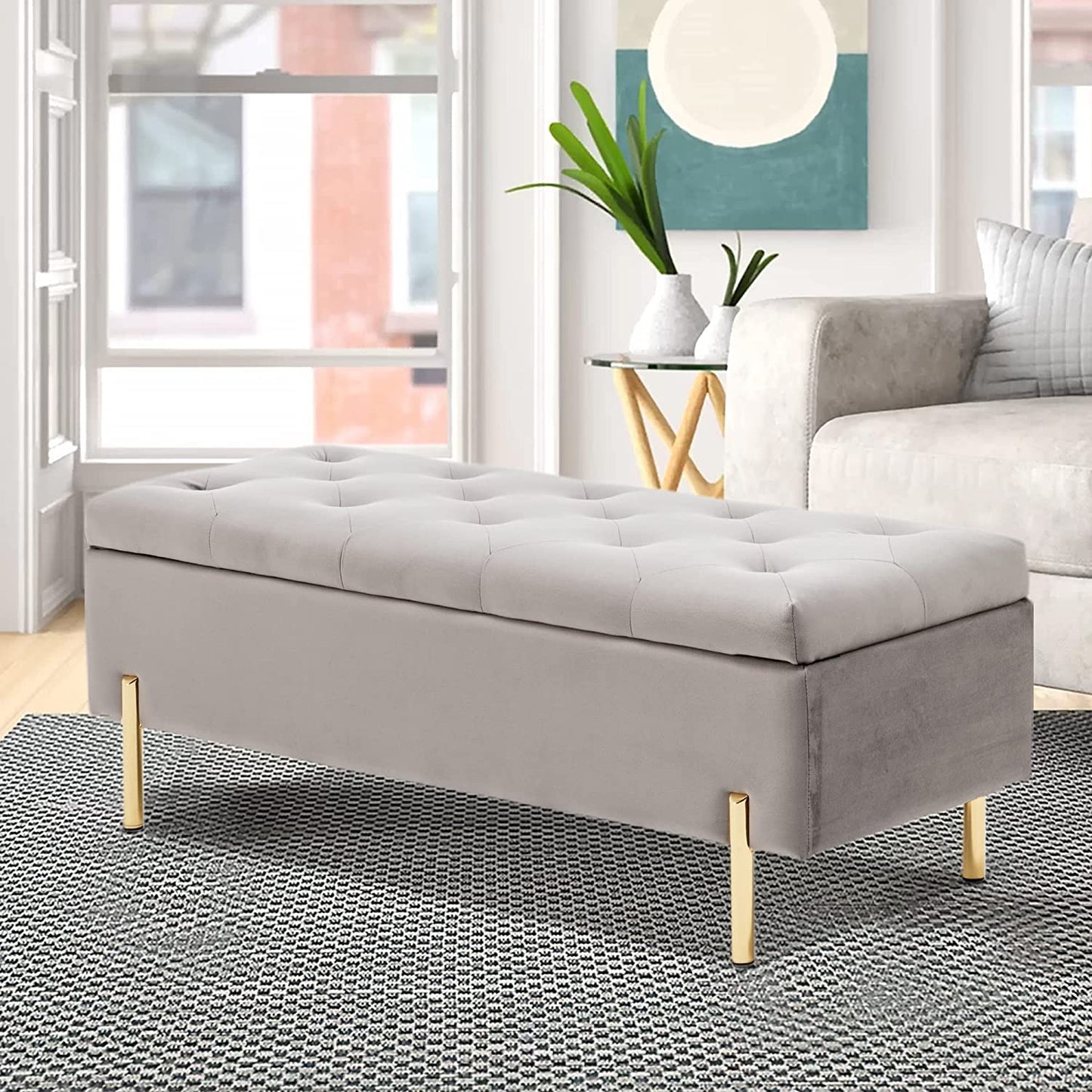 Andeworld Ottoman with Storage Bench, Modern Velvet Upholstered Rectangular Tufted Footstool Bench, Large Storage Bench for Bedroom,Living Room,Entryway
