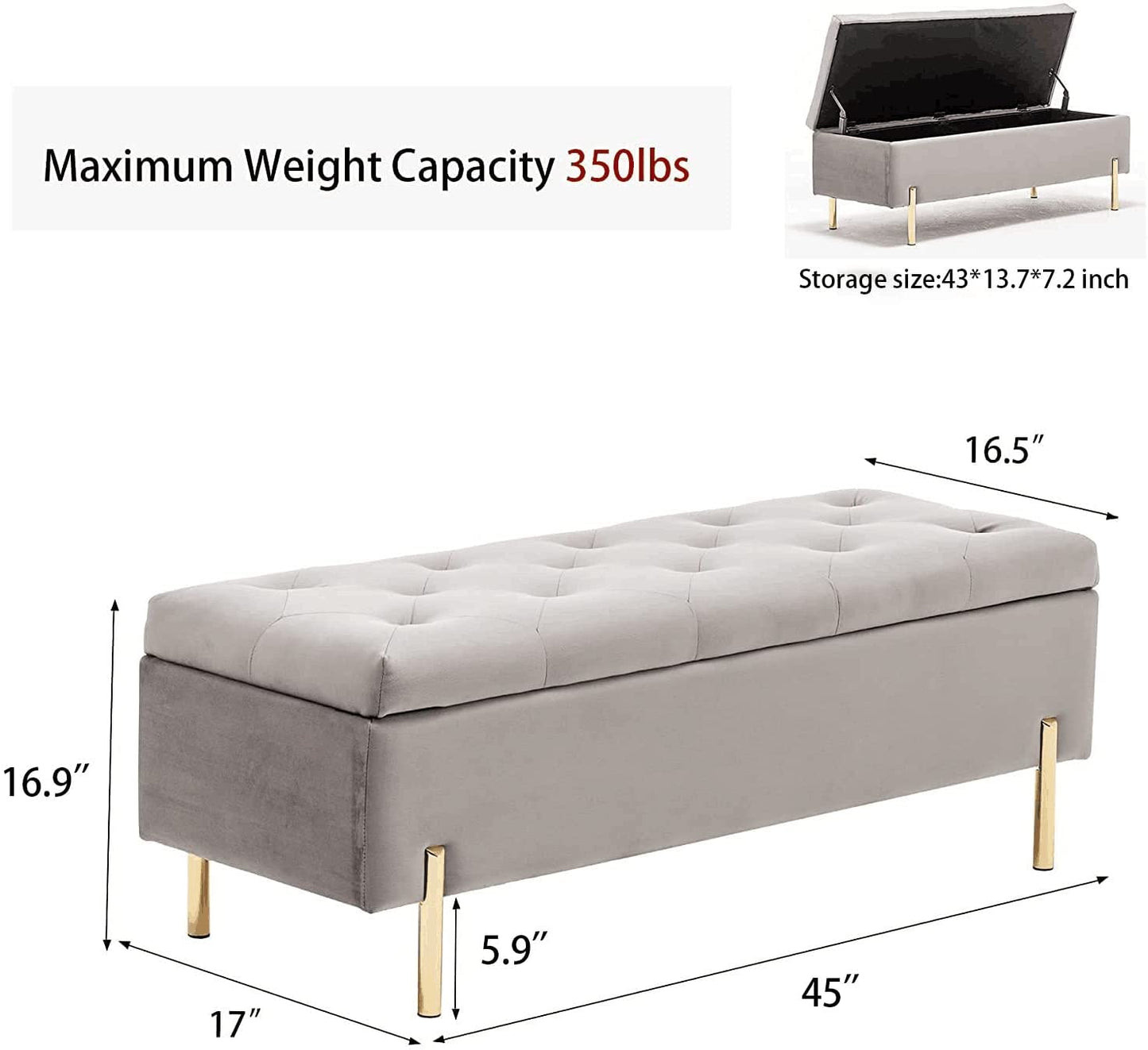 Andeworld Ottoman with Storage Bench, Modern Velvet Upholstered Rectangular Tufted Footstool Bench, Large Storage Bench for Bedroom,Living Room,Entryway
