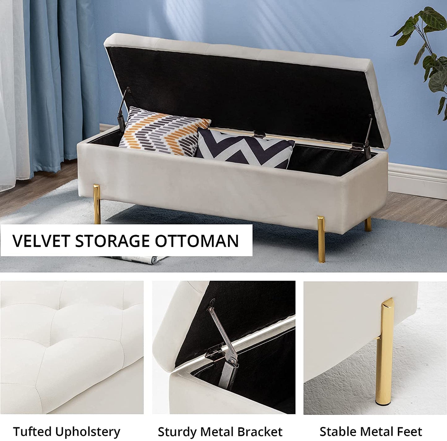 Andeworld Ottoman with Storage Bench, Modern Velvet Upholstered Rectangular Tufted Footstool Bench, Large Storage Bench for Bedroom,Living Room,Entryway