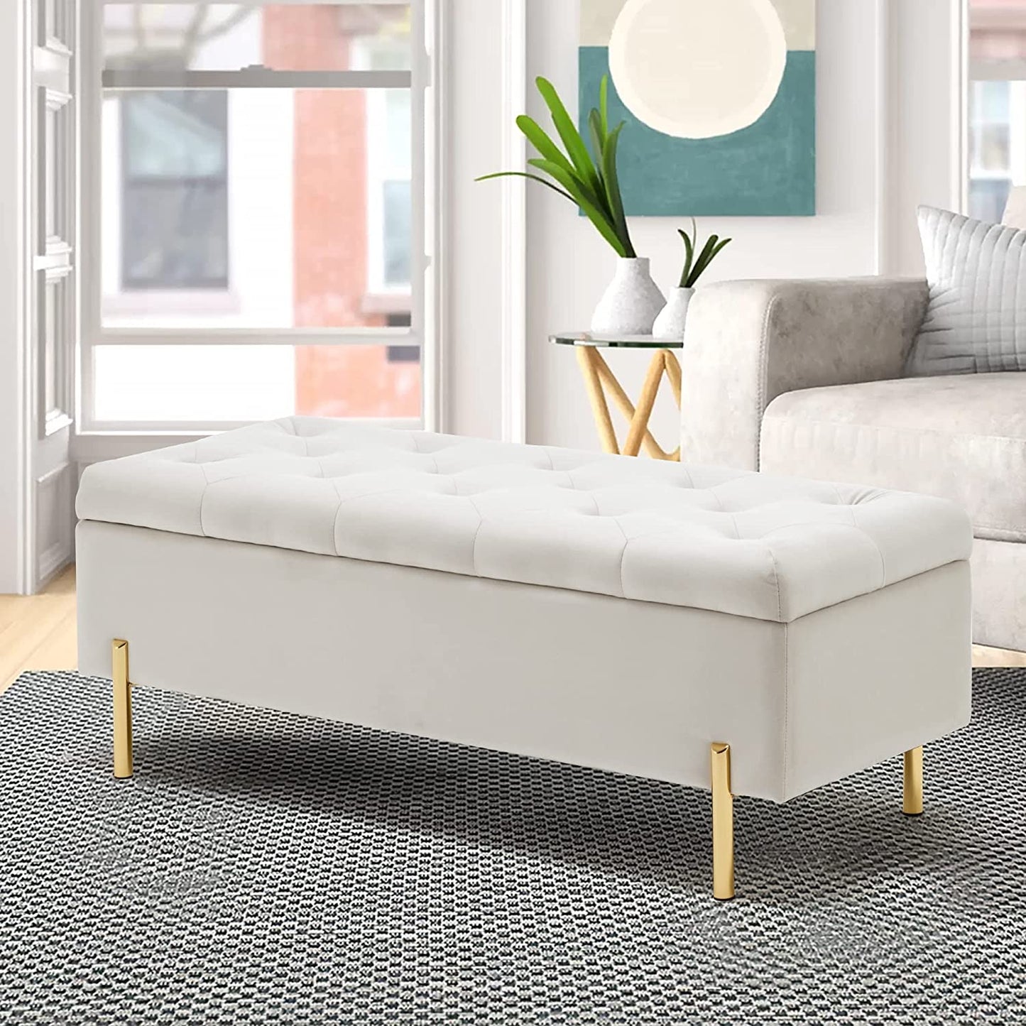 Andeworld Ottoman with Storage Bench, Modern Velvet Upholstered Rectangular Tufted Footstool Bench, Large Storage Bench for Bedroom,Living Room,Entryway
