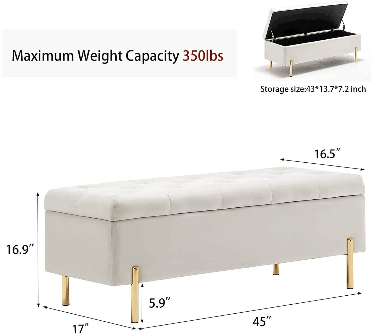 Andeworld Ottoman with Storage Bench, Modern Velvet Upholstered Rectangular Tufted Footstool Bench, Large Storage Bench for Bedroom,Living Room,Entryway