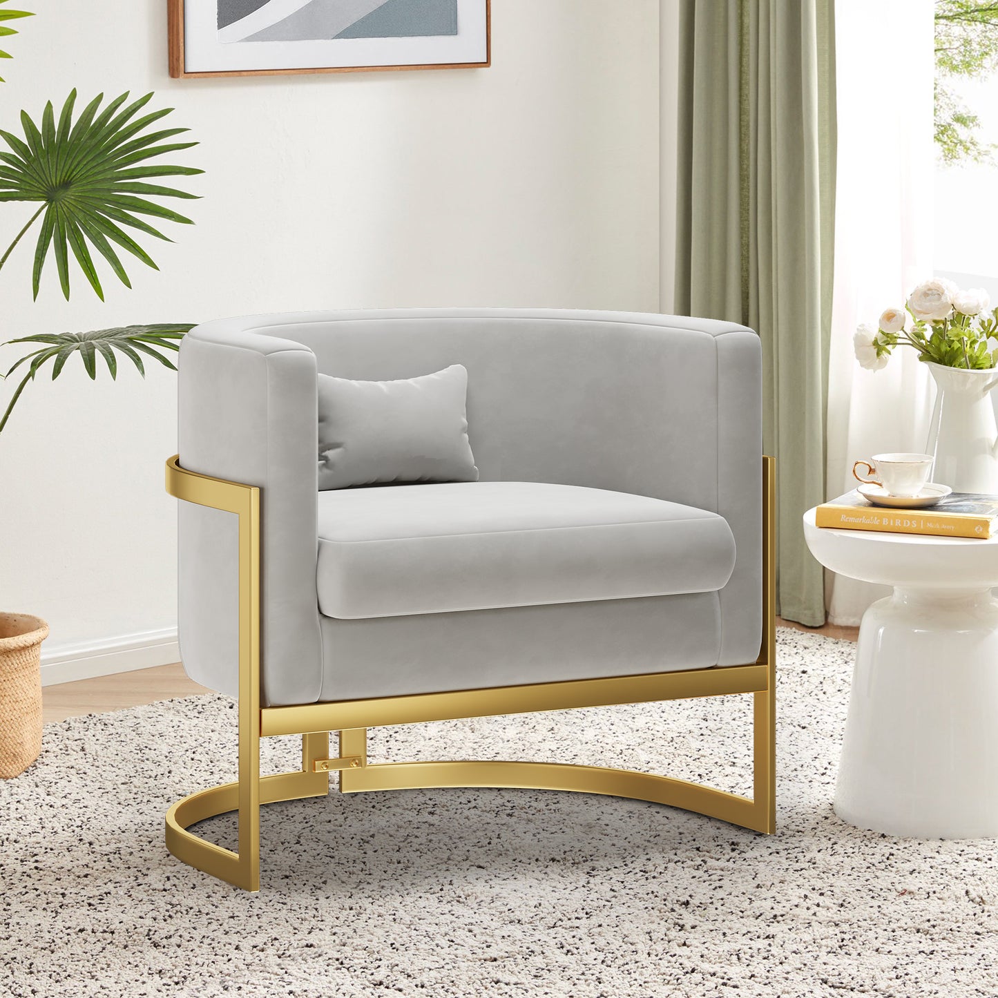 Andeworld Modern Upholstered Velvet Accent Chair Wide Arm Chair for Living Room Bedroom Leisure Chair Barrel Chair Green with Gold Legs