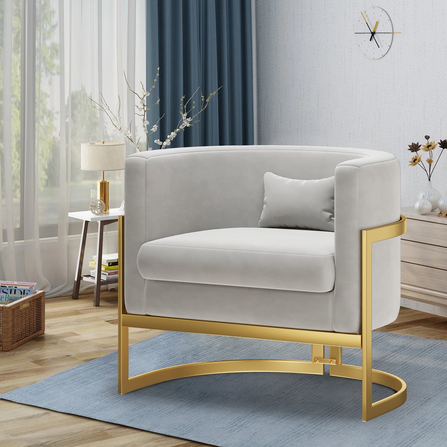 Andeworld Modern Upholstered Velvet Accent Chair Wide Arm Chair for Living Room Bedroom Leisure Chair Barrel Chair Green with Gold Legs