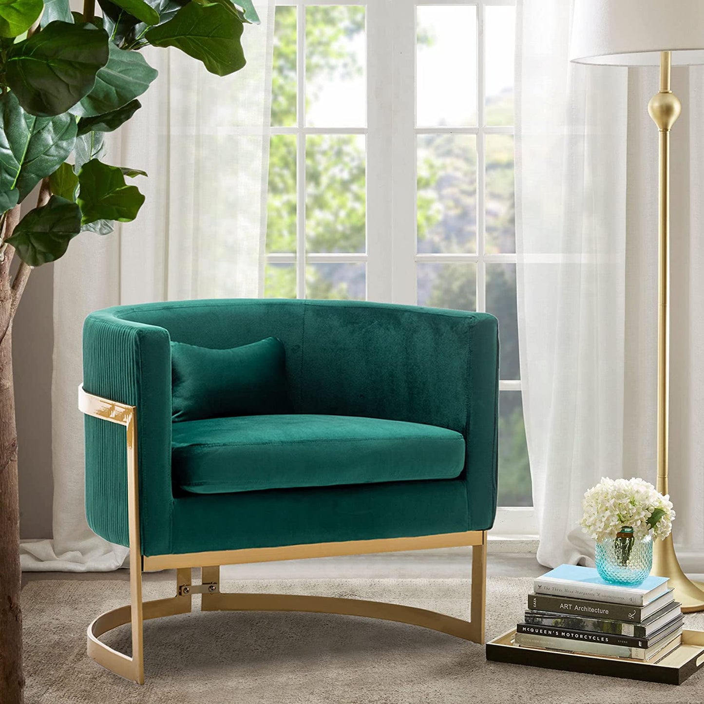 Andeworld Modern Upholstered Velvet Accent Chair Wide Arm Chair for Living Room Bedroom Leisure Chair Barrel Chair Green with Gold Legs