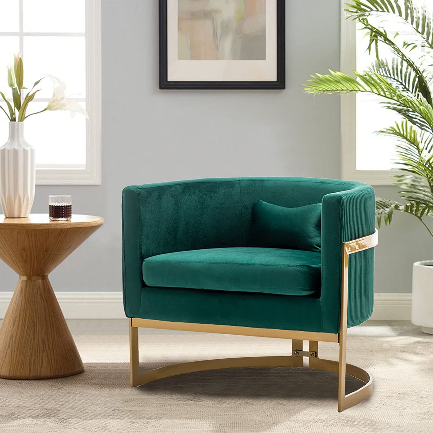 Andeworld Modern Upholstered Velvet Accent Chair Wide Arm Chair for Living Room Bedroom Leisure Chair Barrel Chair Green with Gold Legs