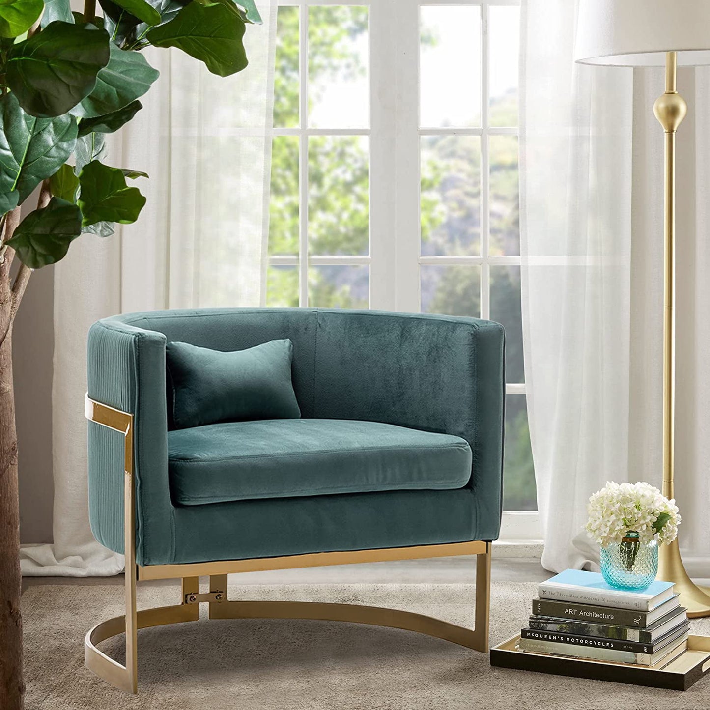 Andeworld Modern Upholstered Velvet Accent Chair Wide Arm Chair for Living Room Bedroom Leisure Chair Barrel Chair Green with Gold Legs