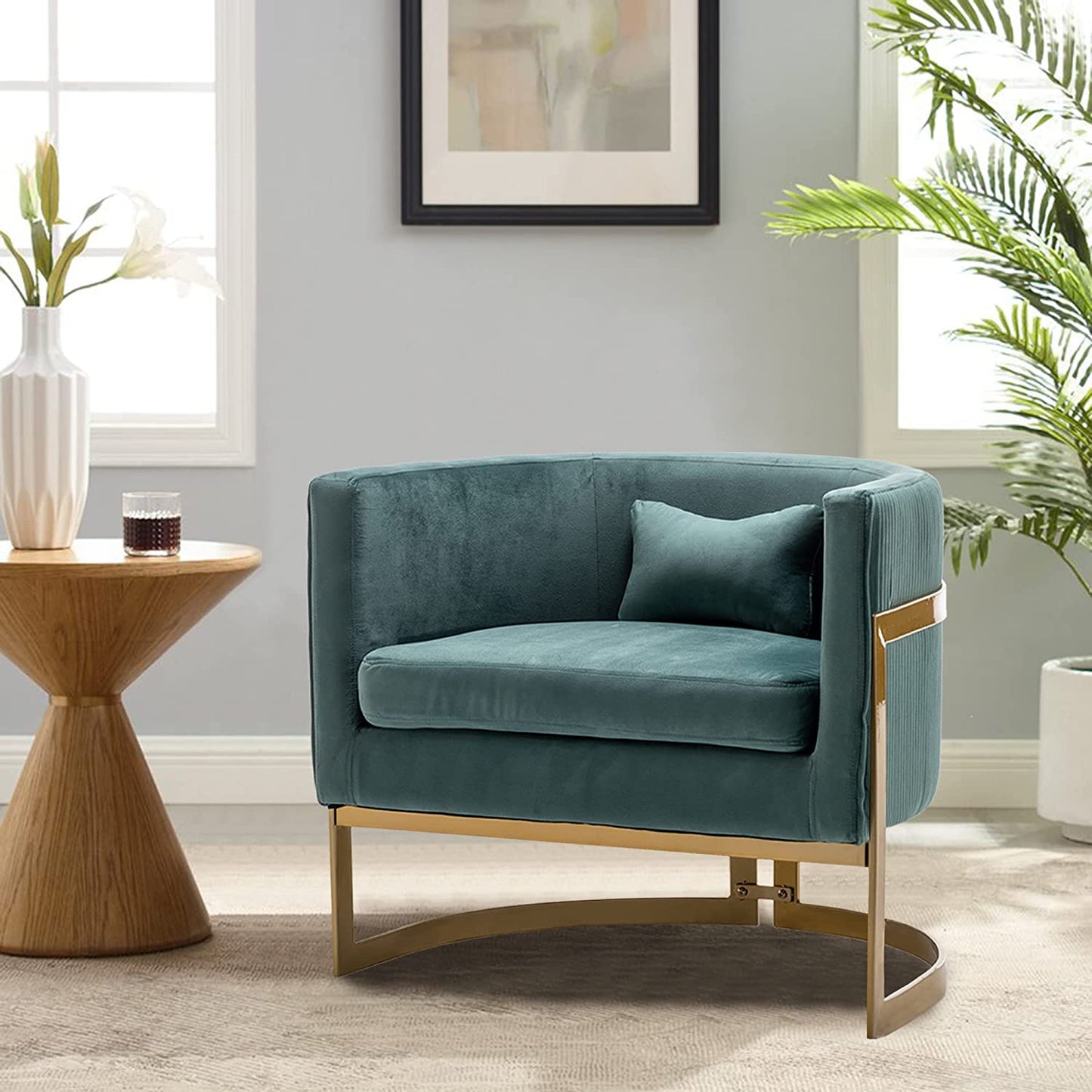 Andeworld Modern Upholstered Velvet Accent Chair Wide Arm Chair for Living Room Bedroom Leisure Chair Barrel Chair Green with Gold Legs