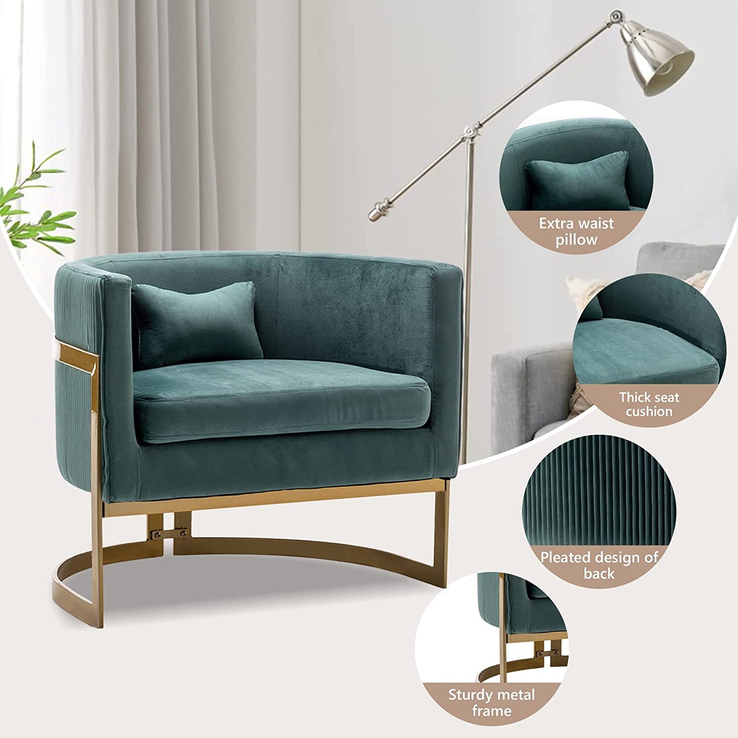Andeworld Modern Upholstered Velvet Accent Chair Wide Arm Chair for Living Room Bedroom Leisure Chair Barrel Chair Green with Gold Legs