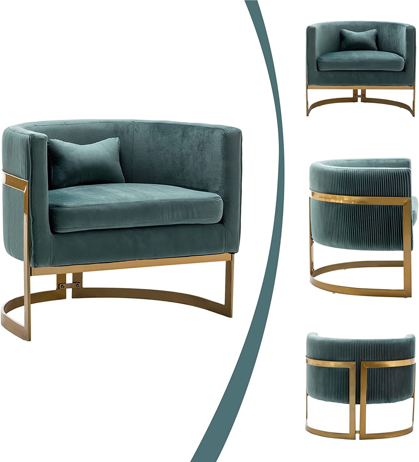 Andeworld Modern Upholstered Velvet Accent Chair Wide Arm Chair for Living Room Bedroom Leisure Chair Barrel Chair Green with Gold Legs