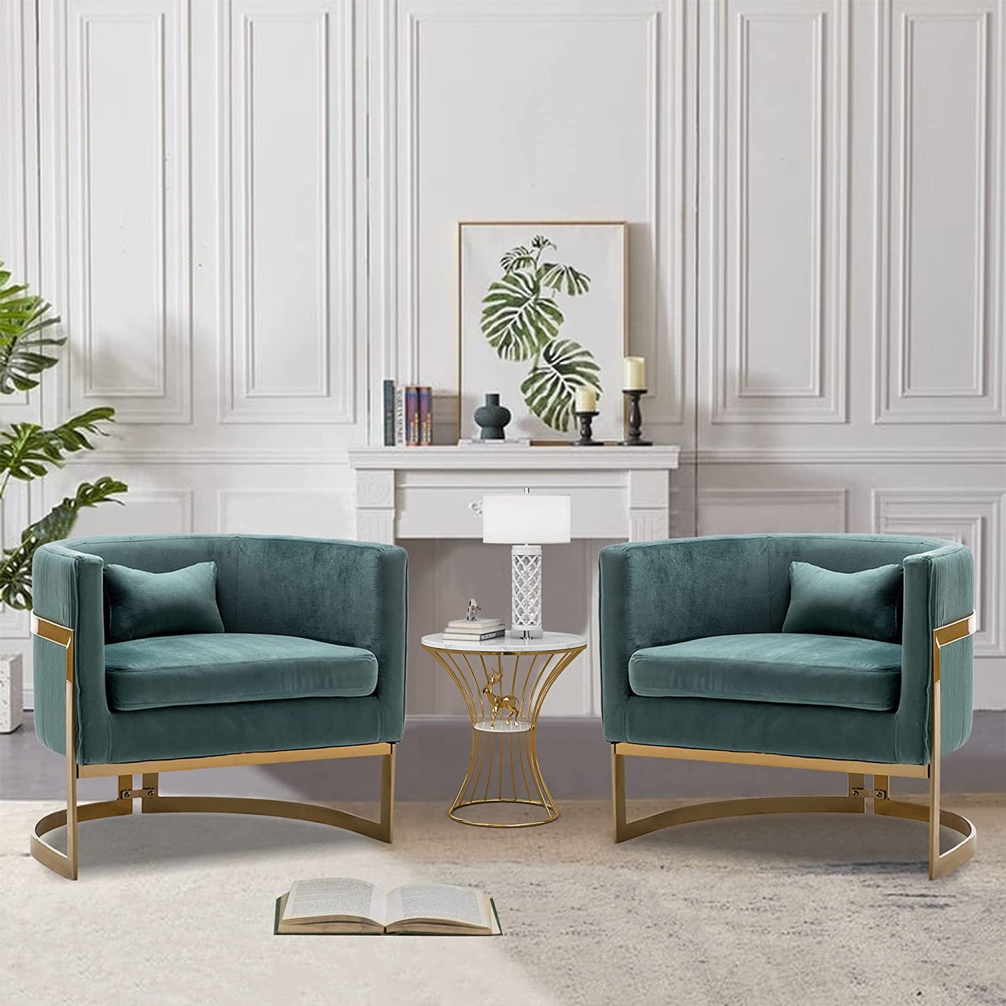 Andeworld Modern Upholstered Velvet Accent Chair Wide Arm Chair for Living Room Bedroom Leisure Chair Barrel Chair Green with Gold Legs