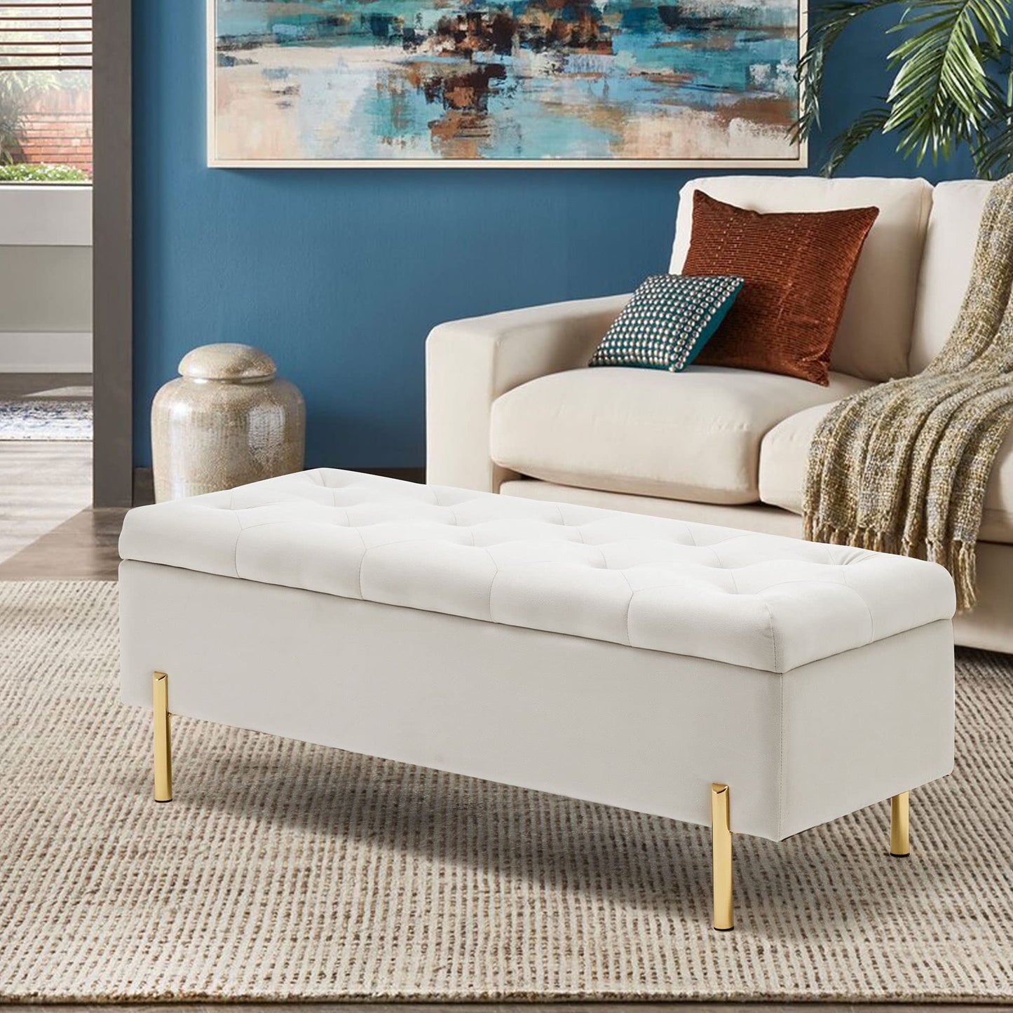 Storage Bench Velvet Tufted Upholstered Settee Bench - andeworld