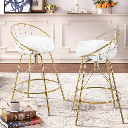 White Faux Fur Bar Stool Set of 2