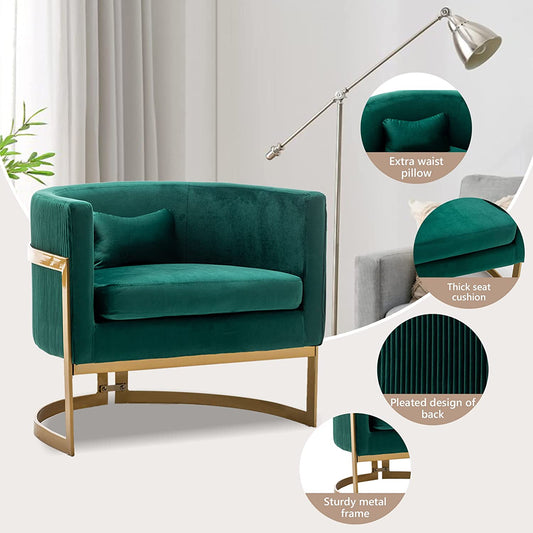Andeworld Modern Upholstered Velvet Accent Chair Wide Arm Chair for Living Room Bedroom Leisure Chair Barrel Chair Green with Gold Legs